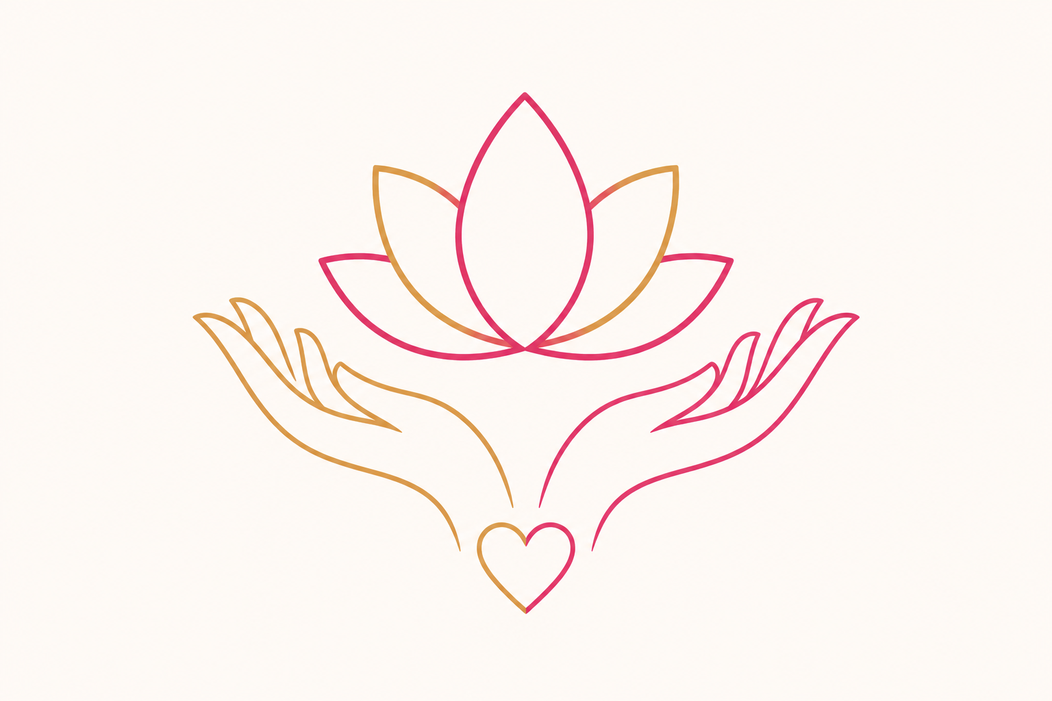 Ilustração de uma flor de lótus entre mãos, em traços rosa e dourados