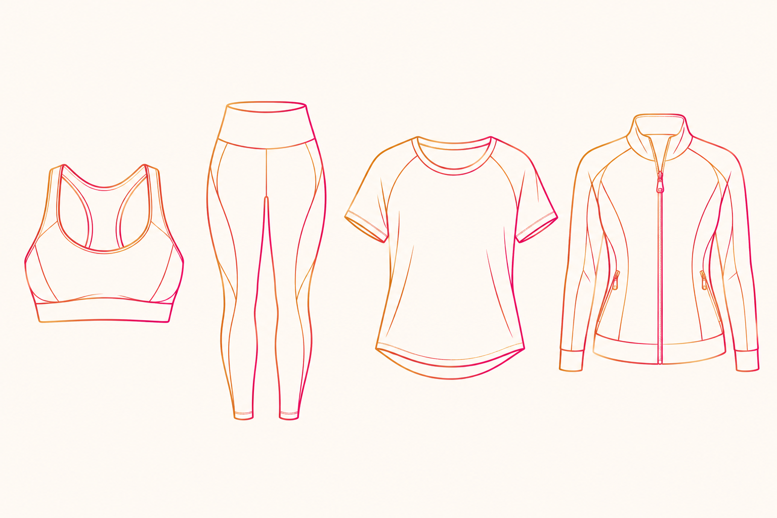 Silhuetas de roupa desportiva em traços rosa e dourados